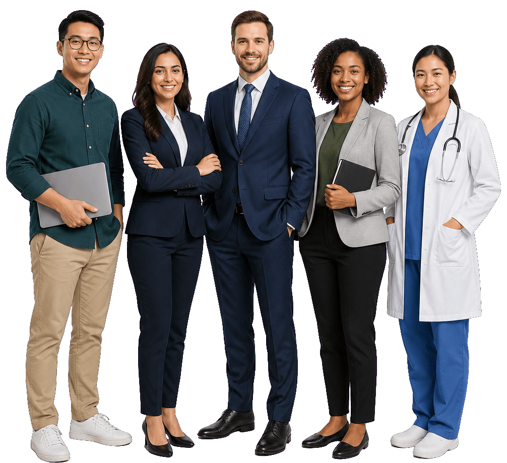 Professionals from different fields representing overseas career pathways