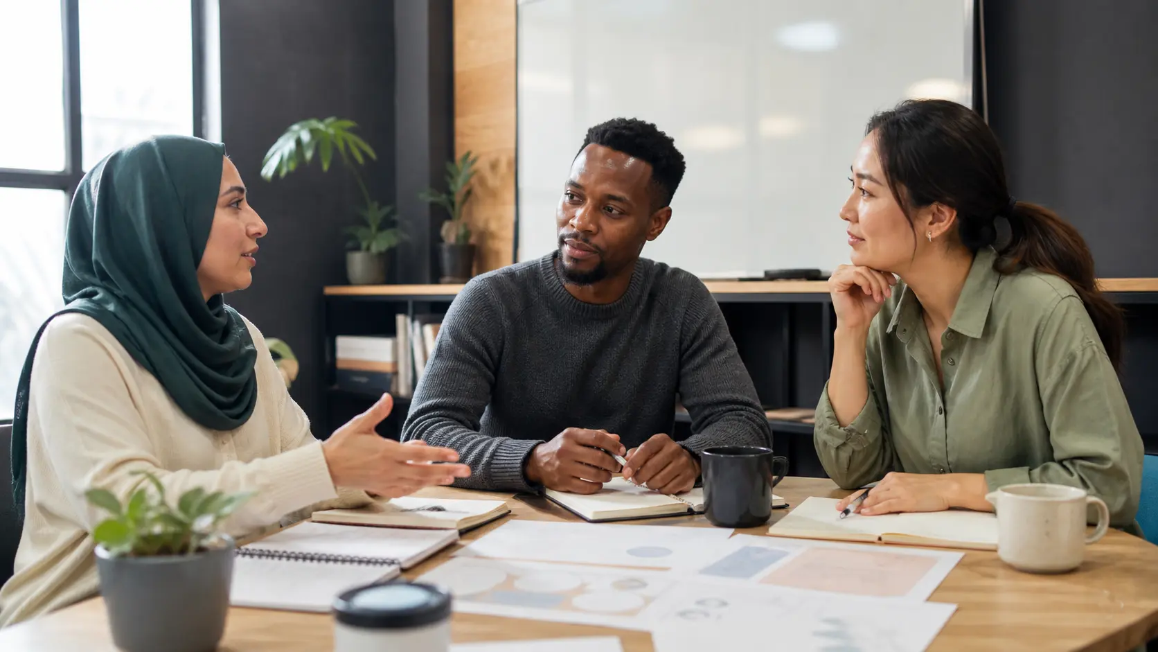 Three diverse education professionals planning a learner partnership